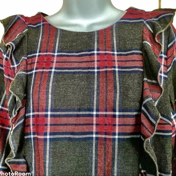 Plaid Ruffle Long Sleeve Cotton Blouse Sz Small Flannel Grunge Boho Ruffles - Picture 4 of 9